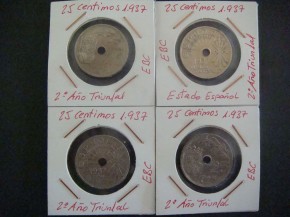 Bolsa 4 monedas 25 CÉNTIMOS 1925-1927-1934-1937, níquel, calidad MBC