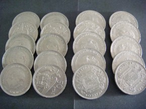 Bolsa 10 monedas 5 PESETAS 1949 estrella 50 Franco (cabezones) + 10 monedas 50 PESETAS 1957 Franco