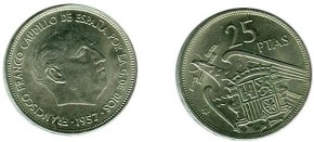 Moneda 25 PESETAS 1957 estrella 74, Franco, con calidad SC