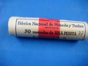 Cartucho 50 monedas 1 PESETA 1975*77, Rey Juan Carlos I, cobre, calidad SC