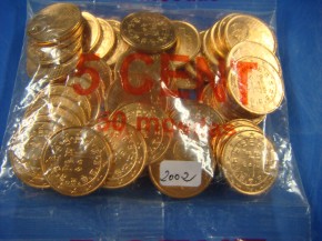 Bolsa 50 monedas de 5 CÉNTIMOS Euro Portugal, 2002, con calidad SC.